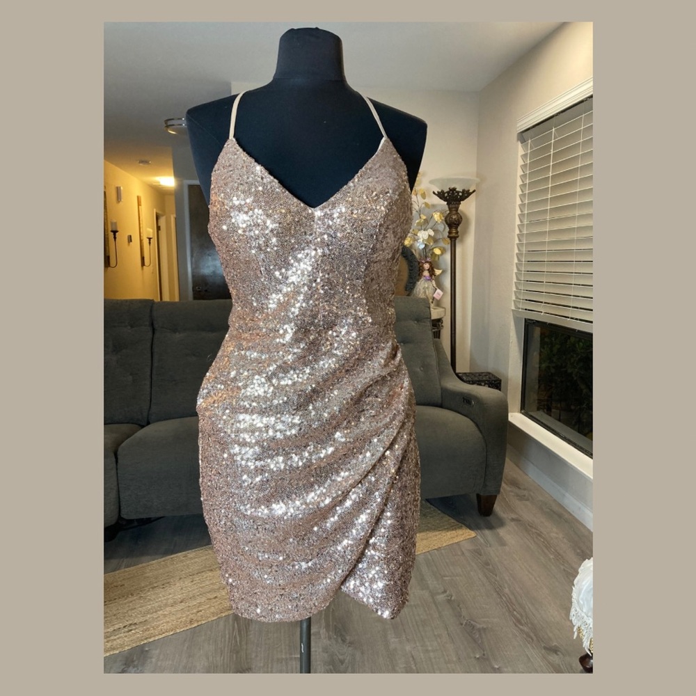 Glam B. Smart Champagne Glittering Sequin Mini Dress Size 9